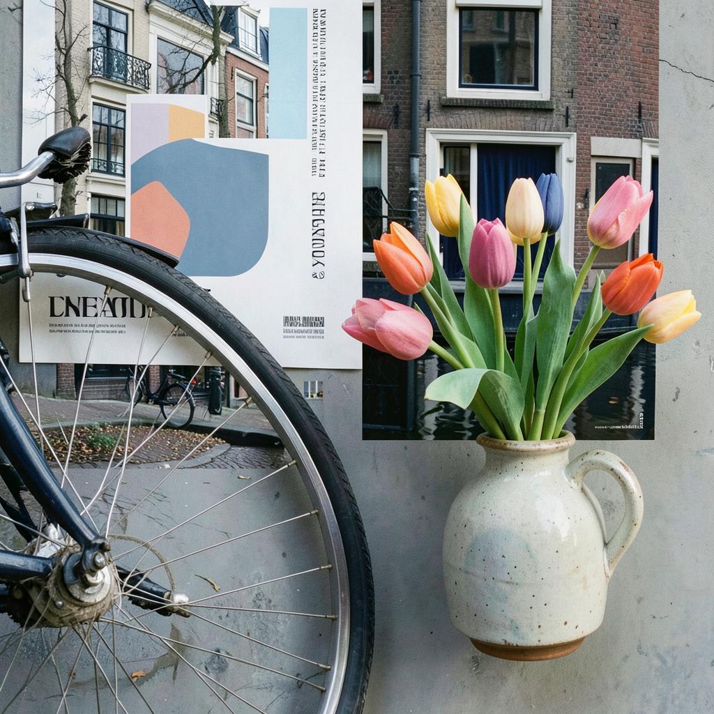 Still life de Amsterdã: detalhes de bicicleta, tulipas e pôster de galeria.