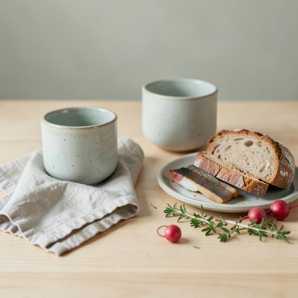 Still life de Copenhague: cerâmica artesanal, pão de centeio e ervas frescas.