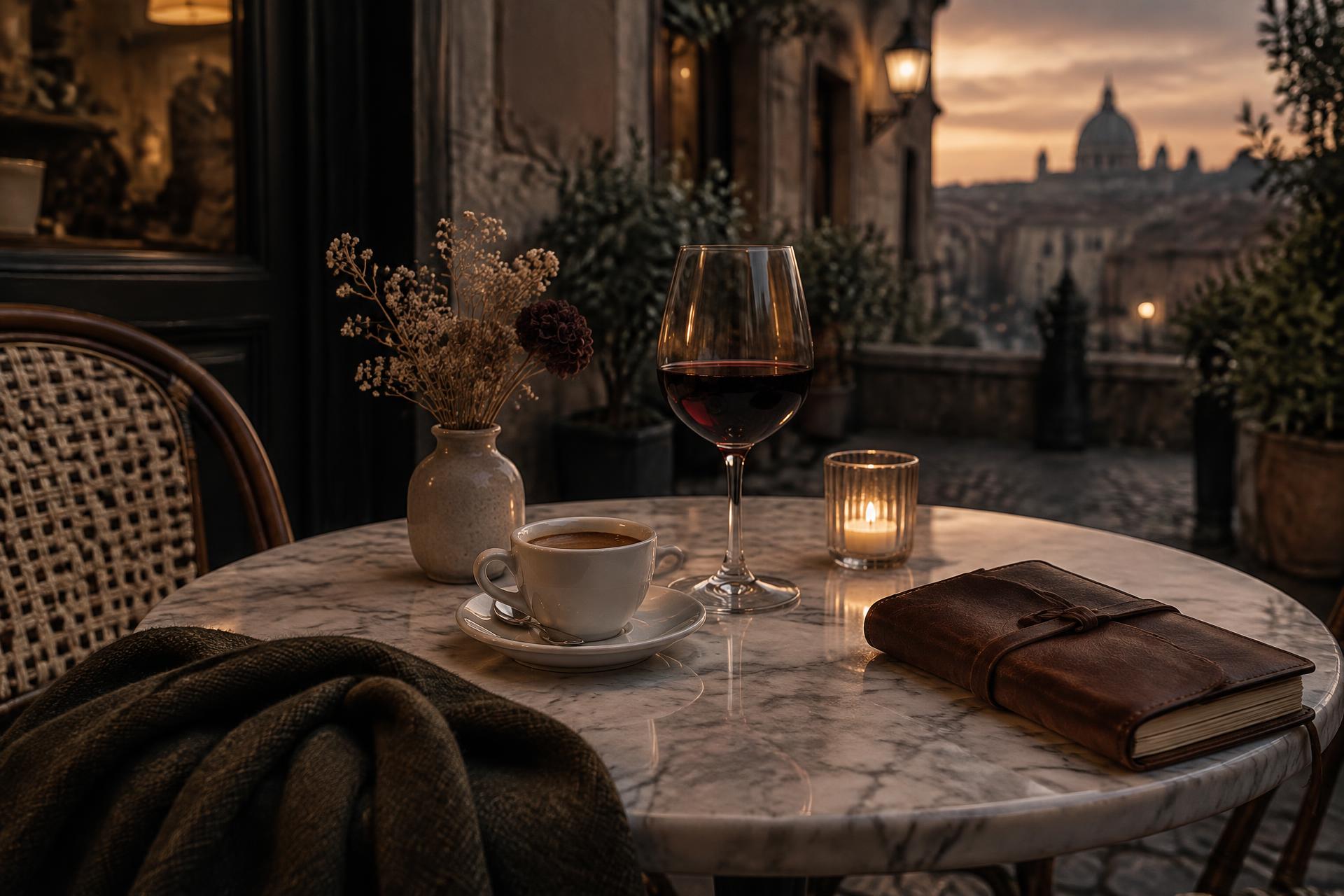 Mesa de café europeia ao entardecer com espresso, vinho e diário de viagem.