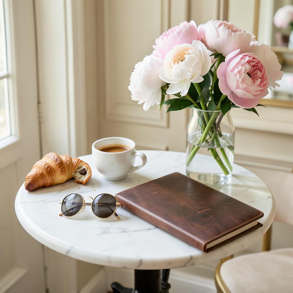 Still life parisiense: mesa de mármore com café, croissant e acessórios elegantes.